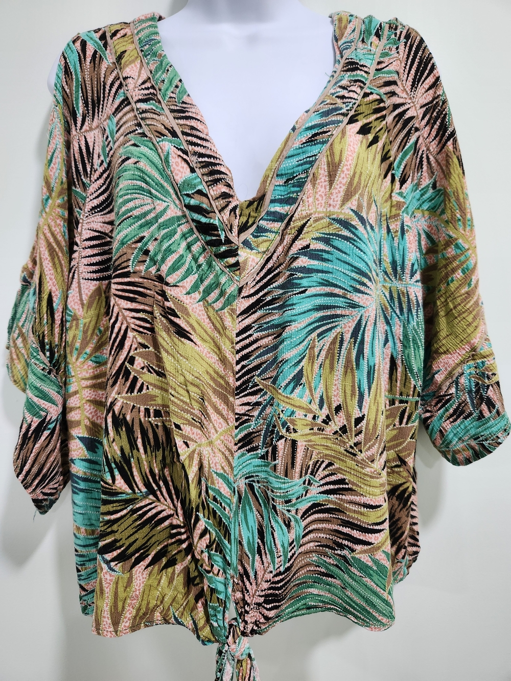 Democracy Tropical Leaf Tie-Hem Blouse in Green, Pink & Black